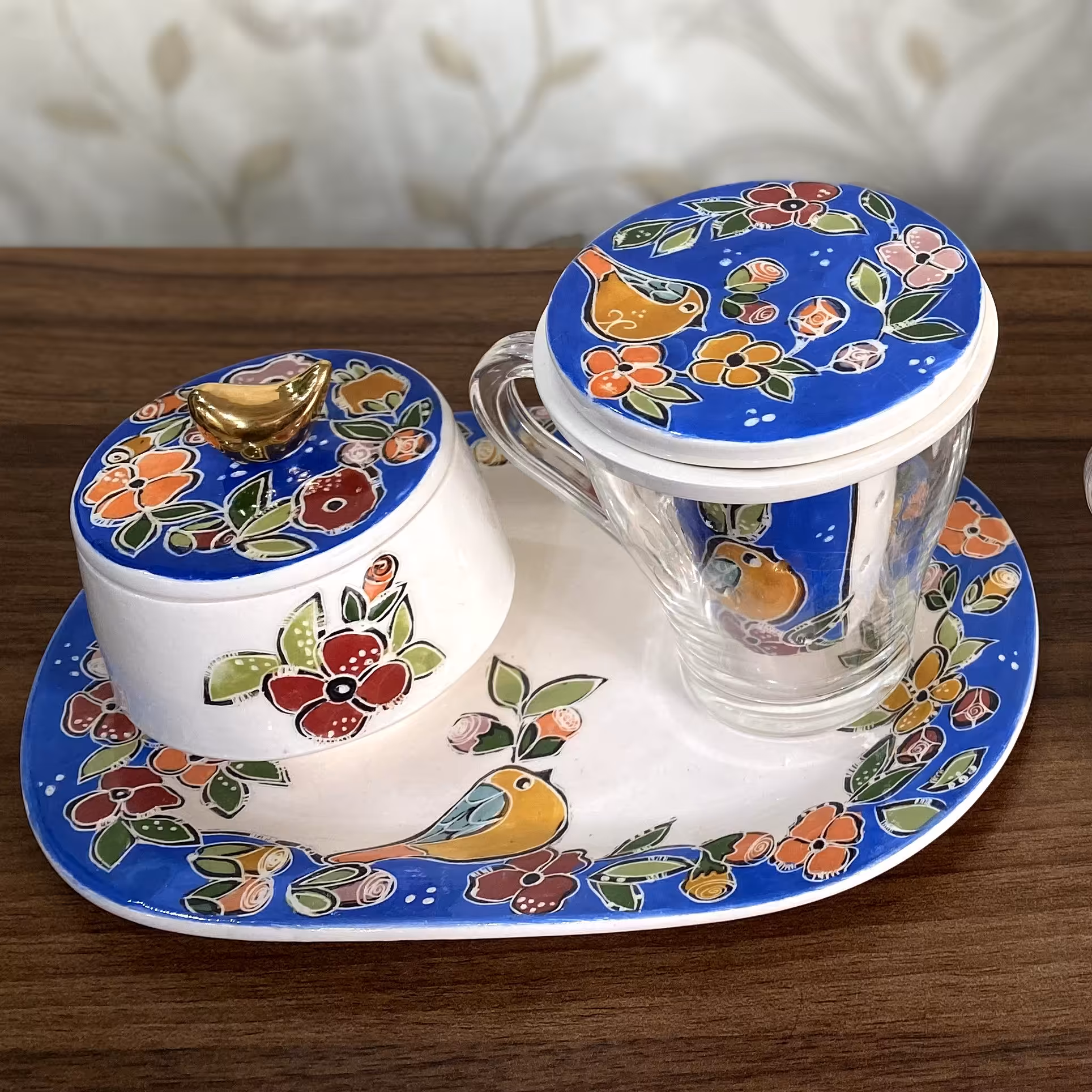 ست دمنوش با قندان (لیوان، سینی، قندان)