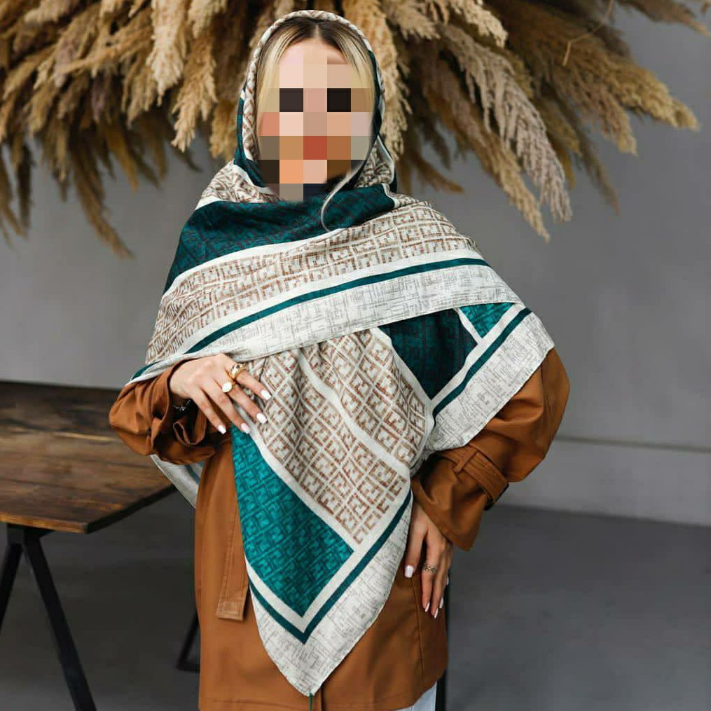 روسری قواره 140 سبز و کرم بسیار شیک و جذاب منگوله دار