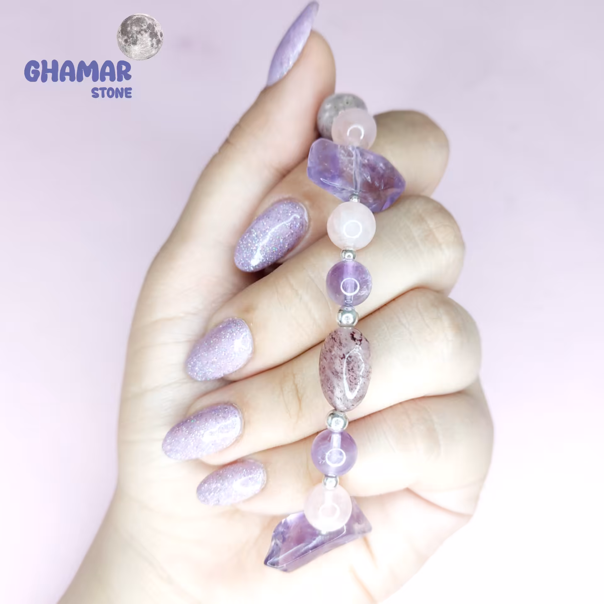 دستبند سنگ آمیتیست ، رزکوارتز ، کوارتز توت فرنگی ، رودونیت و نقره