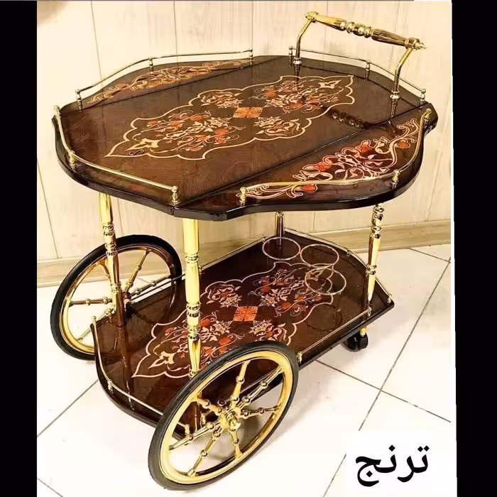 میز بار چوبی پولیشی  چرخ دار ، طرح  ترنج 