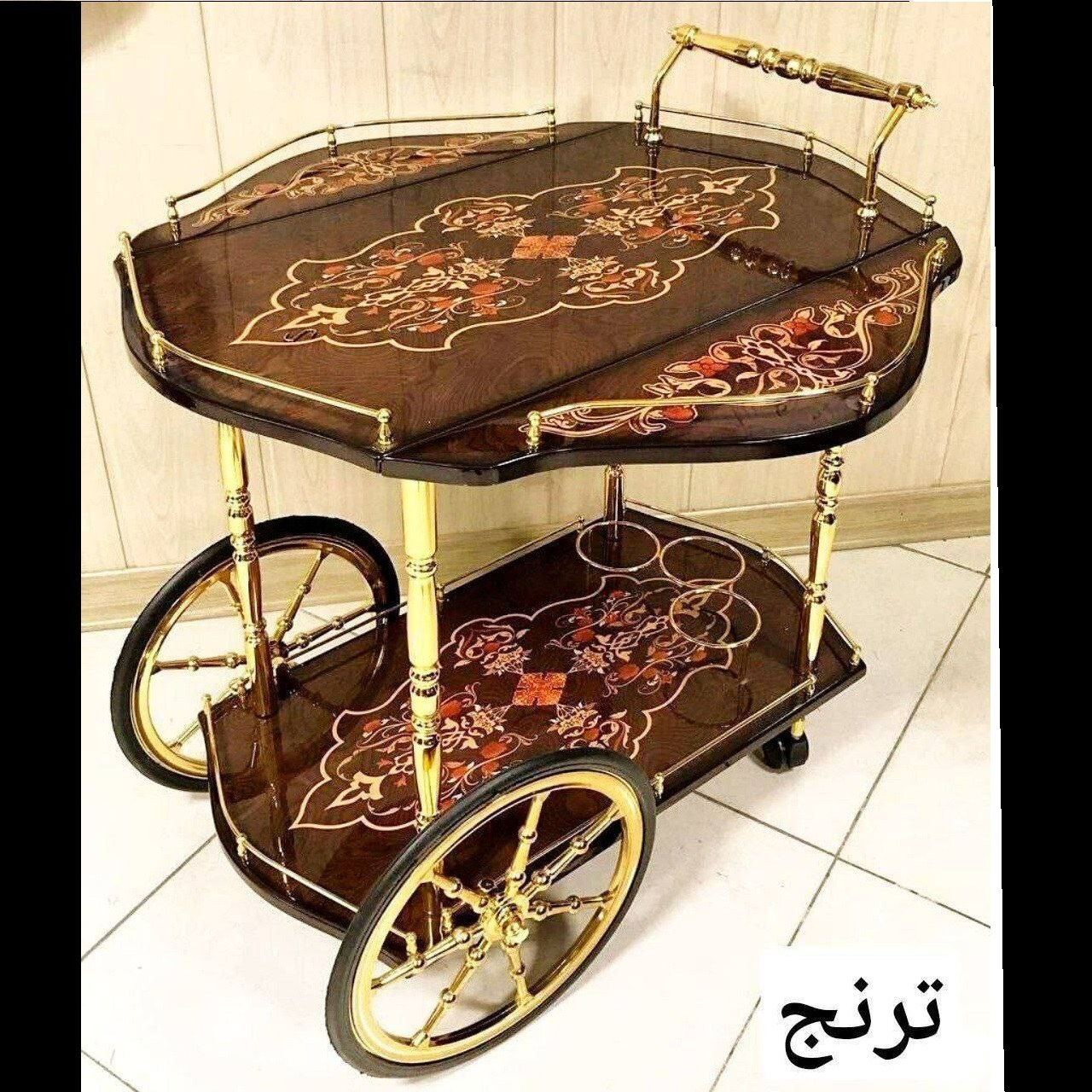 میز بار چوبی پولیشی  چرخ دار ، طرح  ترنج