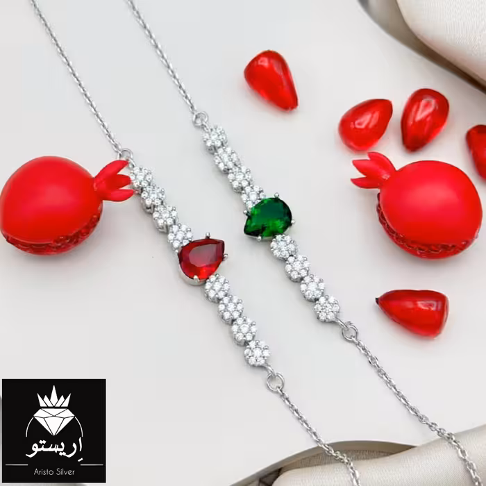 دستبند نقره میکرو پرنگین نگین قرمز با عیار 925 و آبکاری طلاسفید