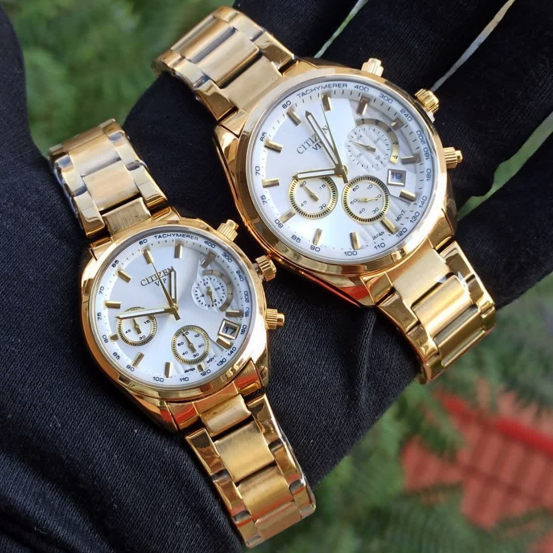 ساعت ست زنانه و مردانه سیتیزن چهار موتور فعال کرنوگراف بند استیل و بدنه استیل روزشمار دار رزگلد  Citizen