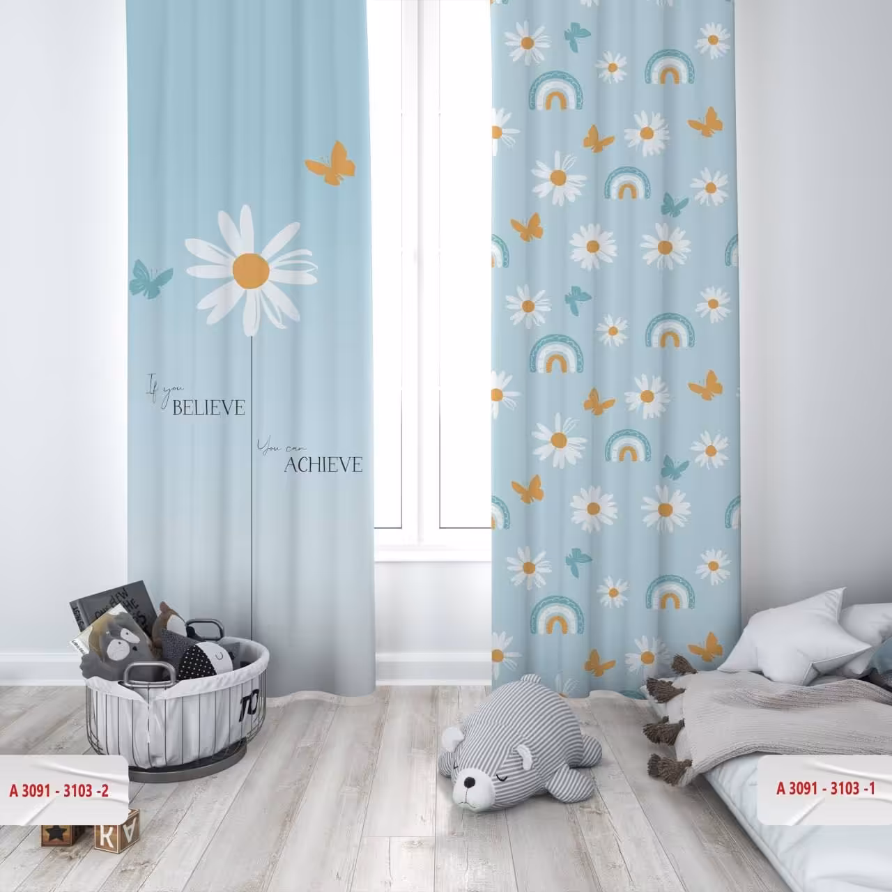 پرده اتاق کودک پانچی هازان دخترانه طرح گل و رنگین کمان