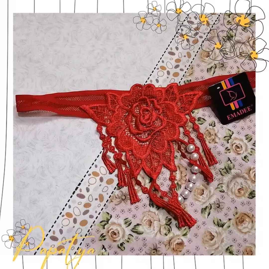 شورت بکلس گیپور مدل گل مروارید دار  رنگ قرمز فری سایز اندازه دور کمر 60 تا 72 کش میاد