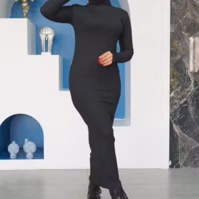 پیراهن مهمانی زنانه کرپ مدل ماکسی جنس فانریپ کبریتی یقه اسکی آستین فینگردار