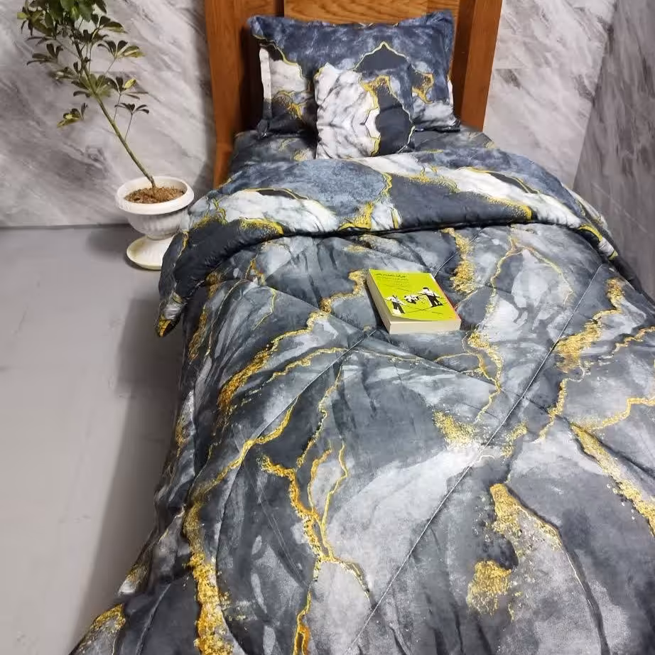 روتختی تک نفره دورو سرمه ای طوسی طرح ماربل 4 تیکه