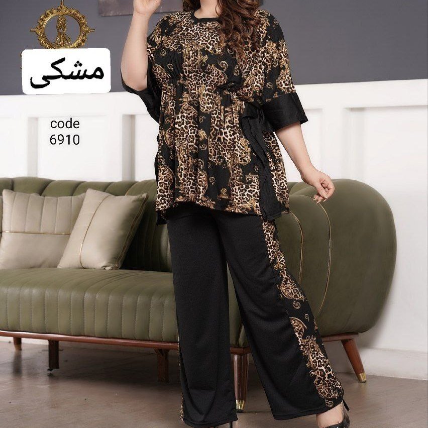 ست زنانه تونیک شلوار خانگی کرپ گیاهی فلامنت سوزان nfs