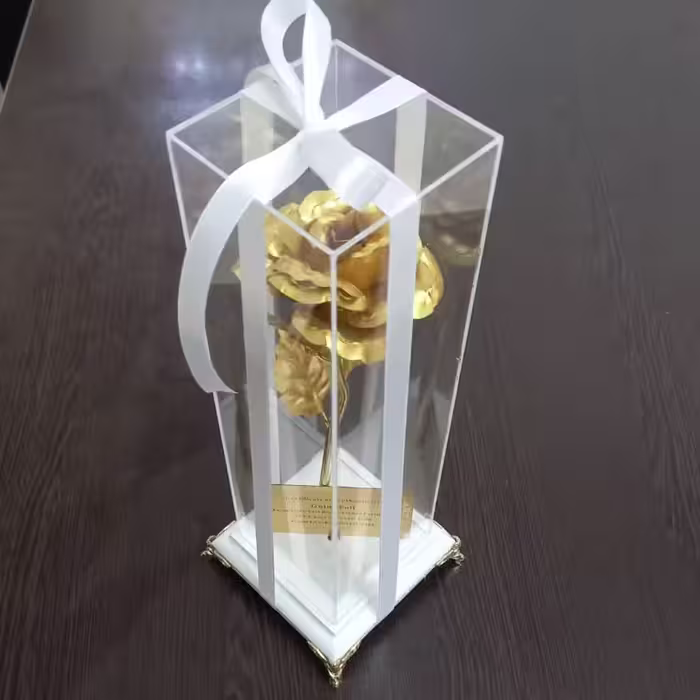 گل  رز روکش طلا با شناسنامه به همراه باکس رومیزی 
