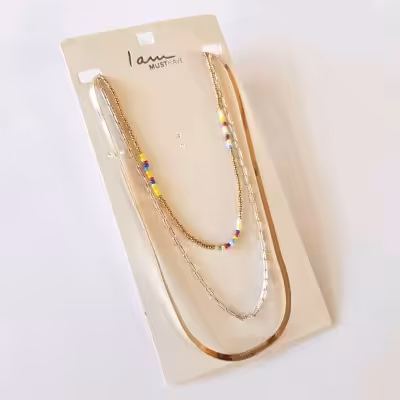 پک 3 عددی گردنبند زنجیر ماری ، طلایی مهره رنگی ، نقره ای زنجیر درشت