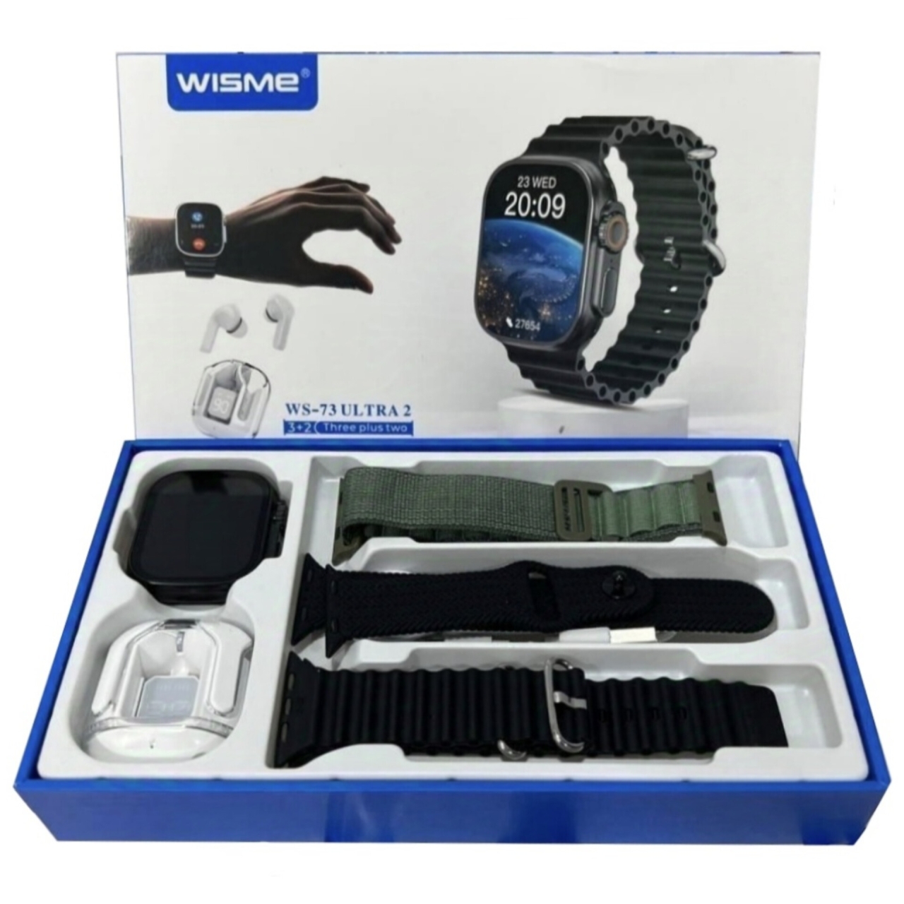 پک ساعت هوشمند ویسمی همراه با ایرپاد شیشه ای مدل wisme WS-73 Ultra2 و 3 بند متنوع