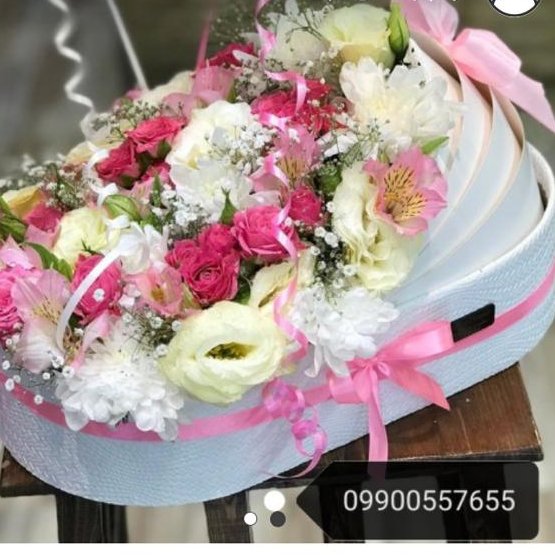 باکس گل گهواره هدیه تولد نوزاد(ترکیب چرم و مقوایی)
