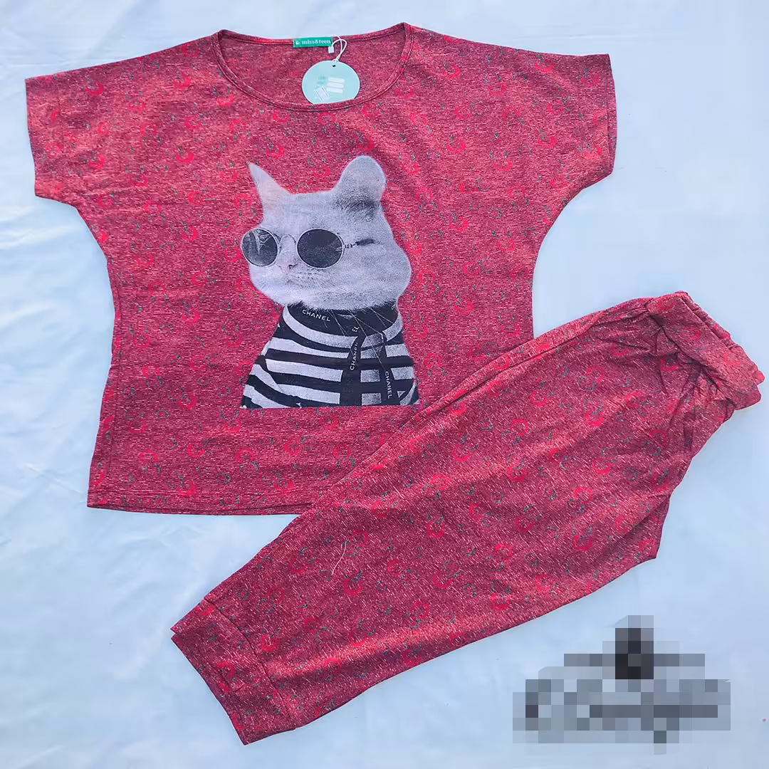 ست تیشرت و شلوار ک قواره دار  جنس ژاکارد 6 رنگ چاپ گربه 