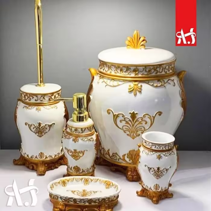 ست سرویس بهداشتی سلطنتی سفید طلایی - برند آذین ست - ارسال رایگان