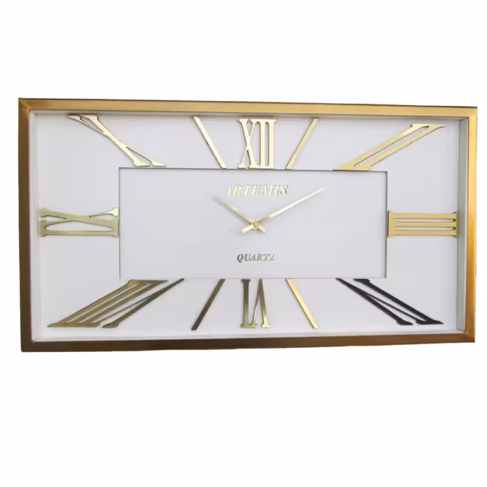 ساعت دیواری موتور آرام گرد فلزی آرتمیس طلایی و نقره ای صفحه سفید کد 2027 