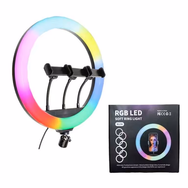 رینگ لایت 14 اینچ با نورهای مهتابی ، آفتابی ،  صدفی و نور RGB و رقص نور با قطر 36 سانت دارای ریموت کنترل و RGB
