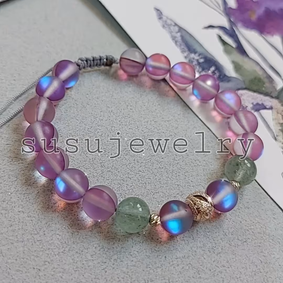 دستبند مون استون بنفش ، سنگ آونتورین و مهره نقره