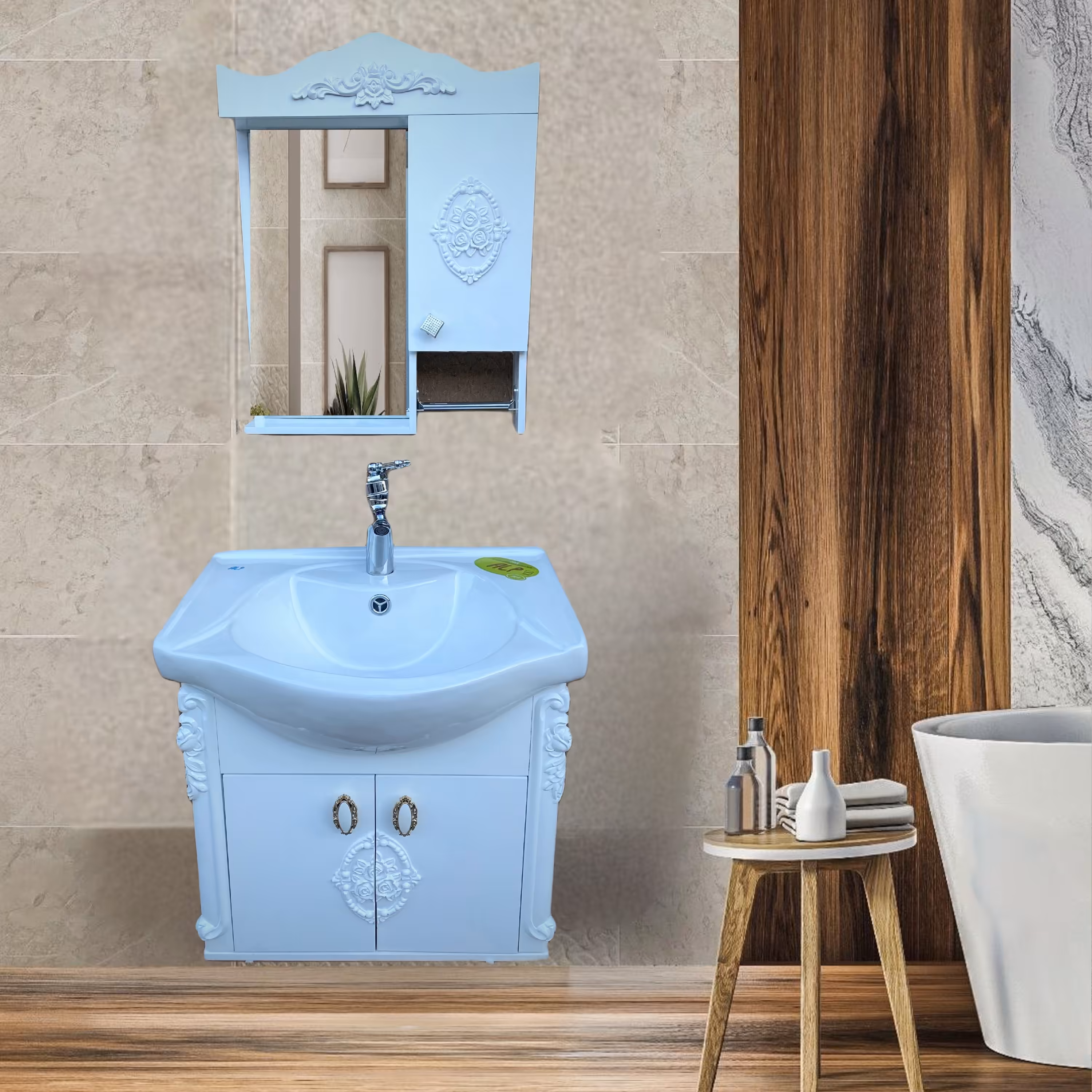 فول ست دیواری و ستونی سفید مدل 1055 روشویی کابینتی سنگ آینه باکس 