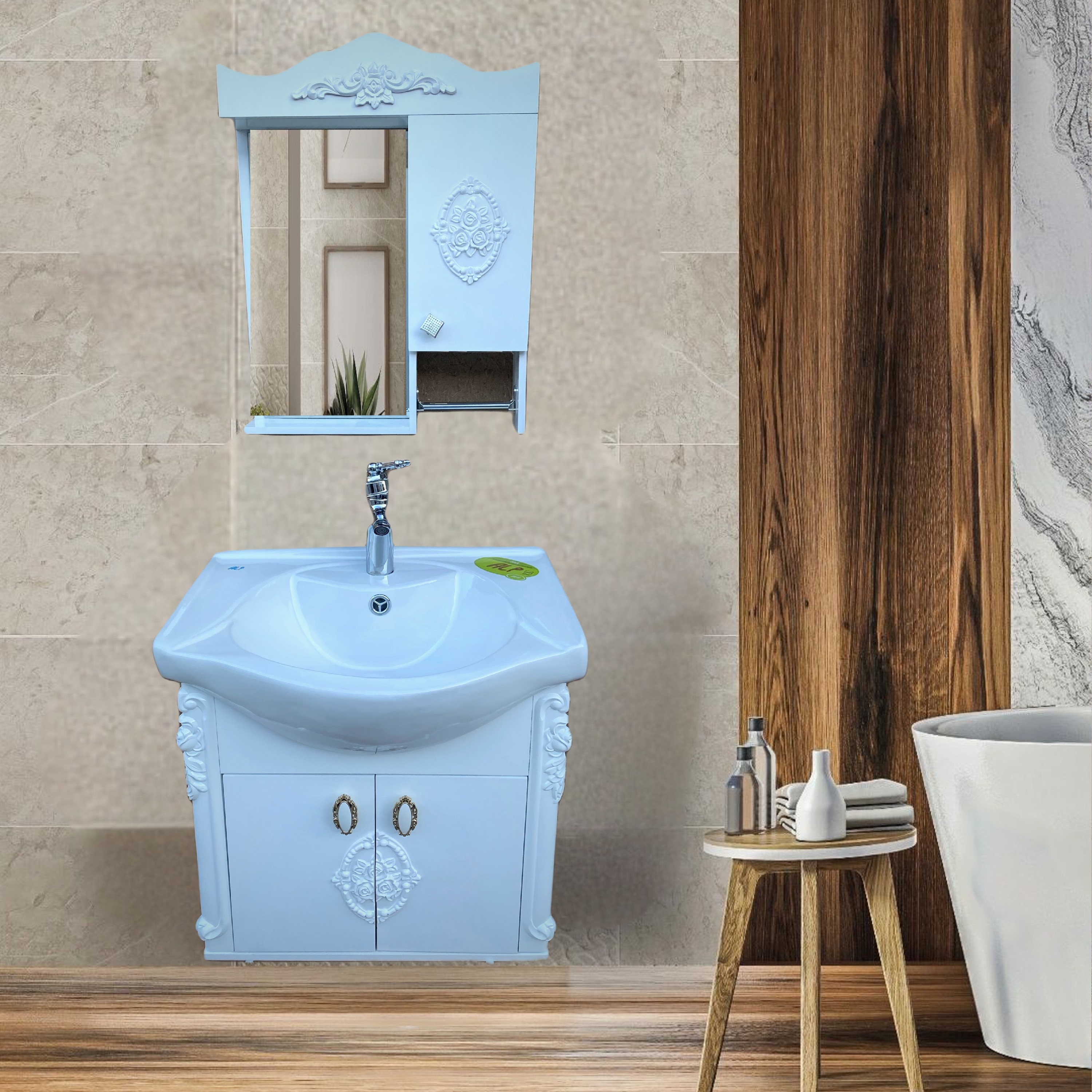 فول ست دیواری و ستونی سفید مدل 1055 روشویی کابینتی سنگ آینه باکس