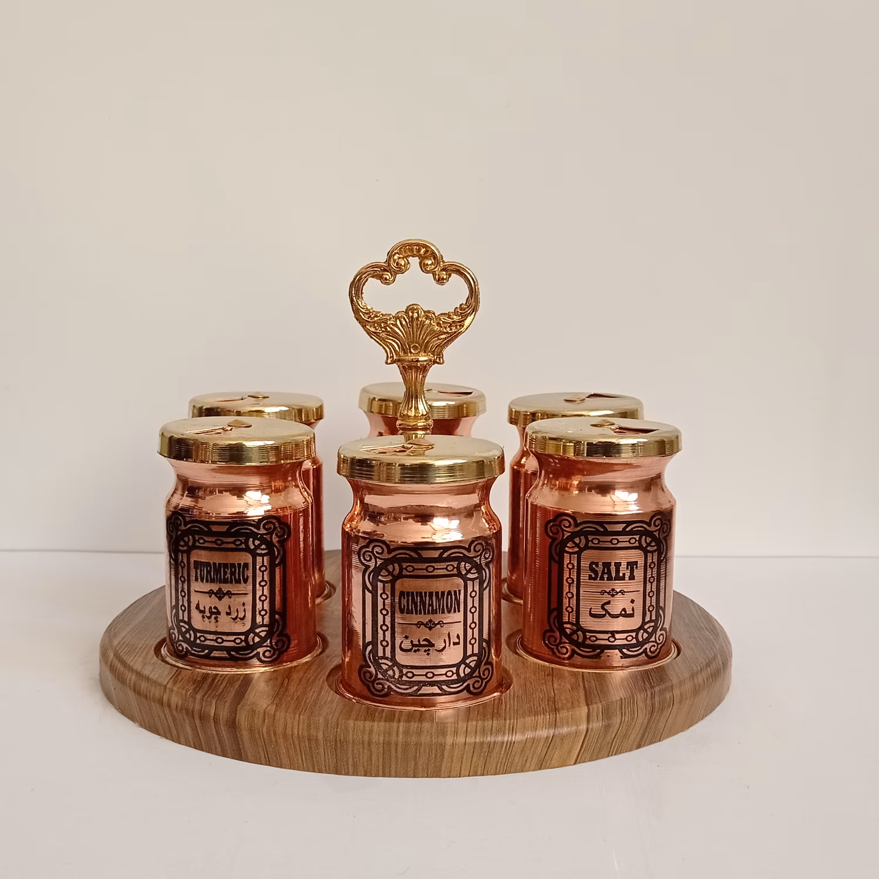 جا ادویه مسی استوانه ای شکل همراه استند با کیفیت عالی 