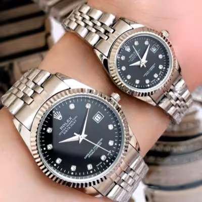 ساعت ست رولکس بند و قاب نقره ای صفحه مشکی