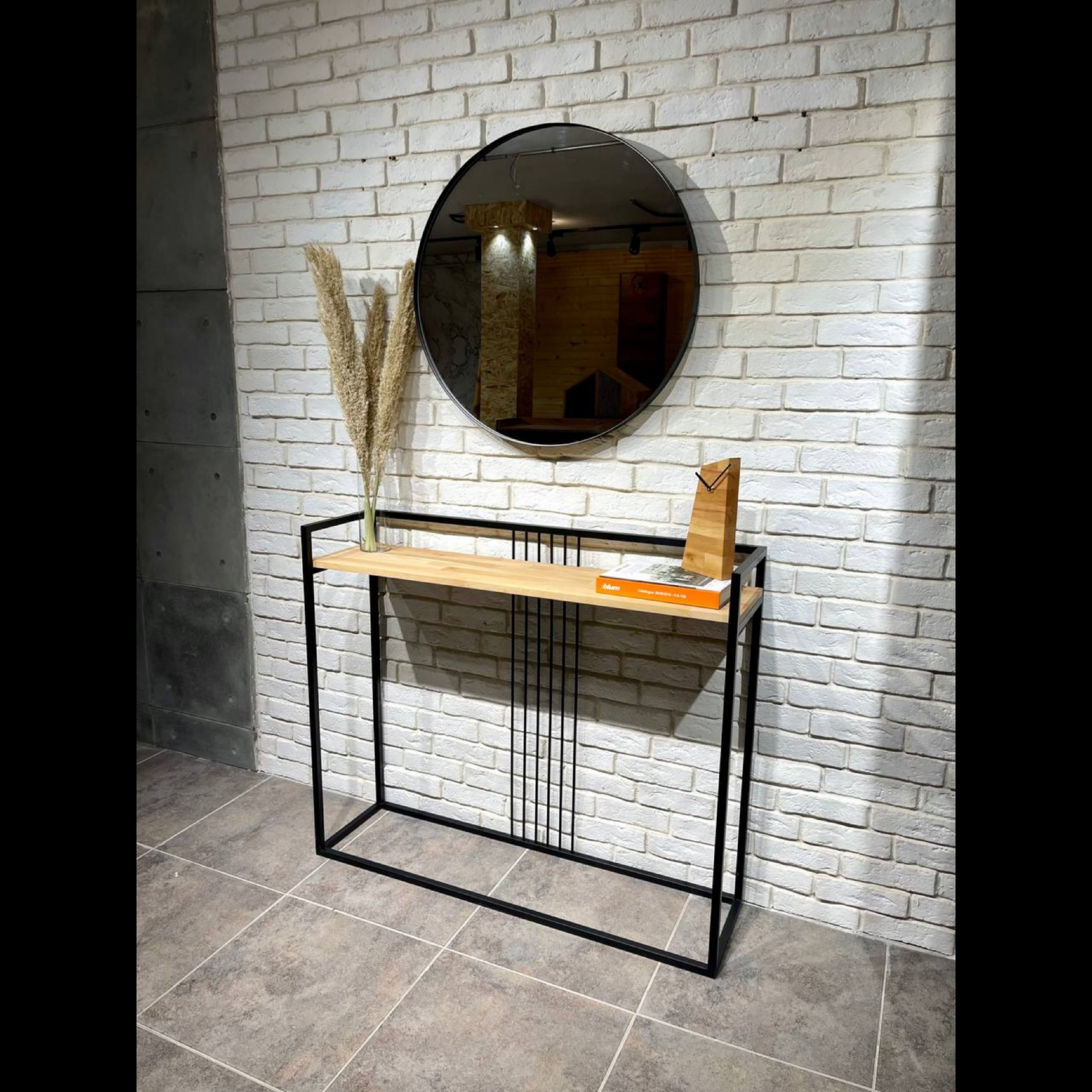 میز کنسول رویه چوب فینگر جوینت راش ترک، پایه آهنی/120cm