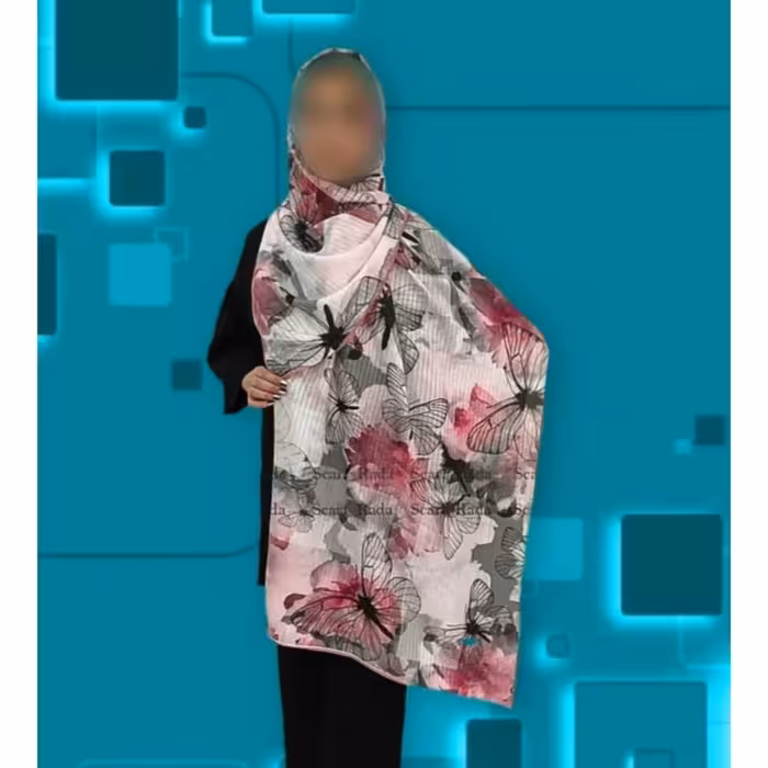 شال زنانه و دخترانه نخ اسلپ دو  طرح زمینه سفید با پروانه های صورتی و سبز  رادا
