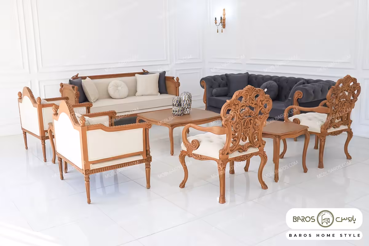 مبل کلاسیک 10 نفره کاجی و چستر نیکا و کینگ