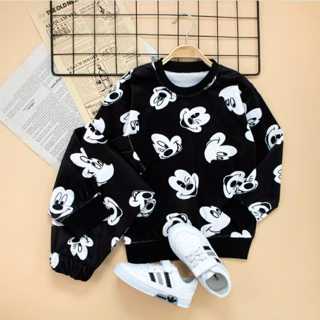 ست بلوزشلوار مخمل براق میکی اسپرت بچگانه/دخترانه/پسرانه/زیباو شیک،تک رنگ مشکی/سایز40تا60