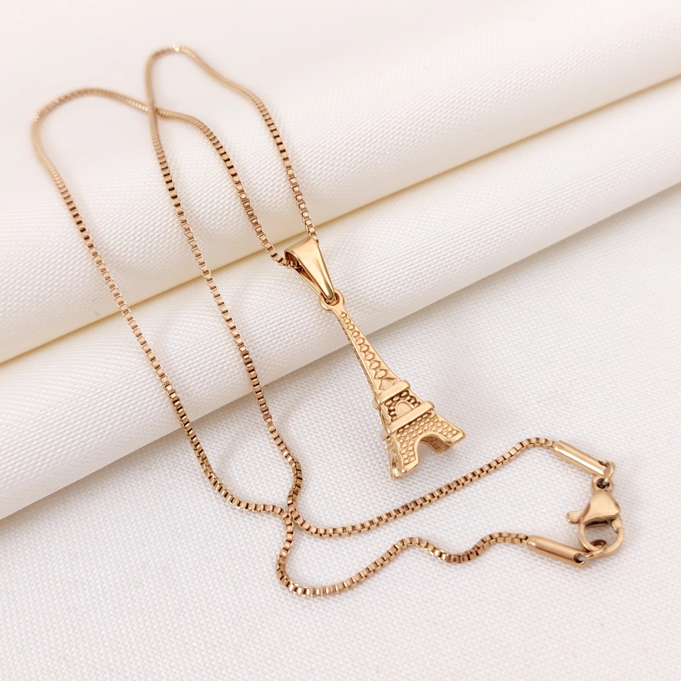 گردنبند استیل ایفل طرح طلا همراه با زنجیر ونیزی استیل