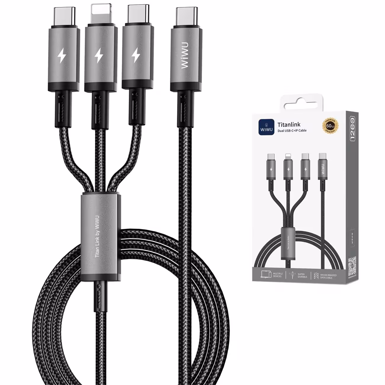 کابل شارژ چند سر تایپ‌سی به تایپ‌سی و لایتنینگ 60 وات 1.2 متری ویوو Wi-C060