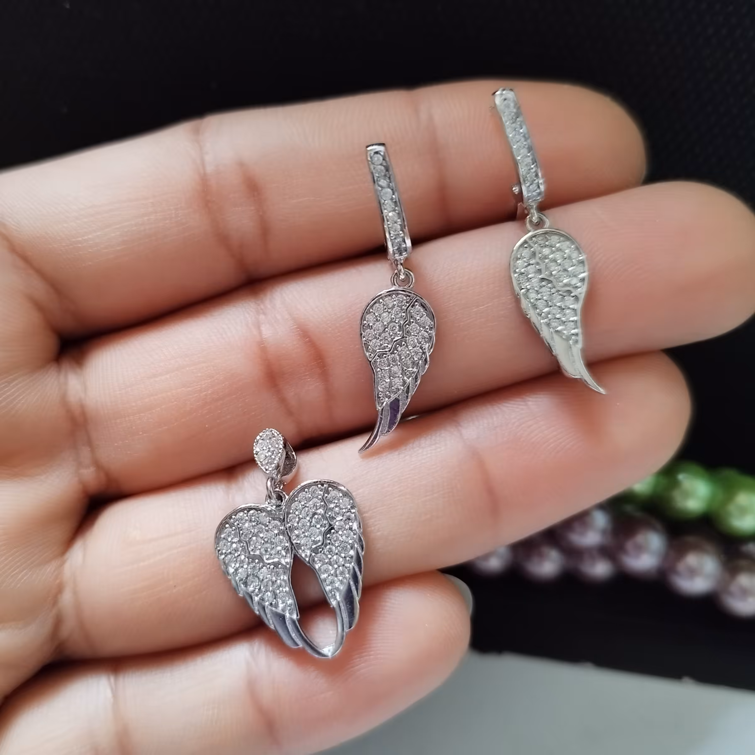 نیم ست نقره عیار925باروکش طلاسفید طرح قلب بالدار