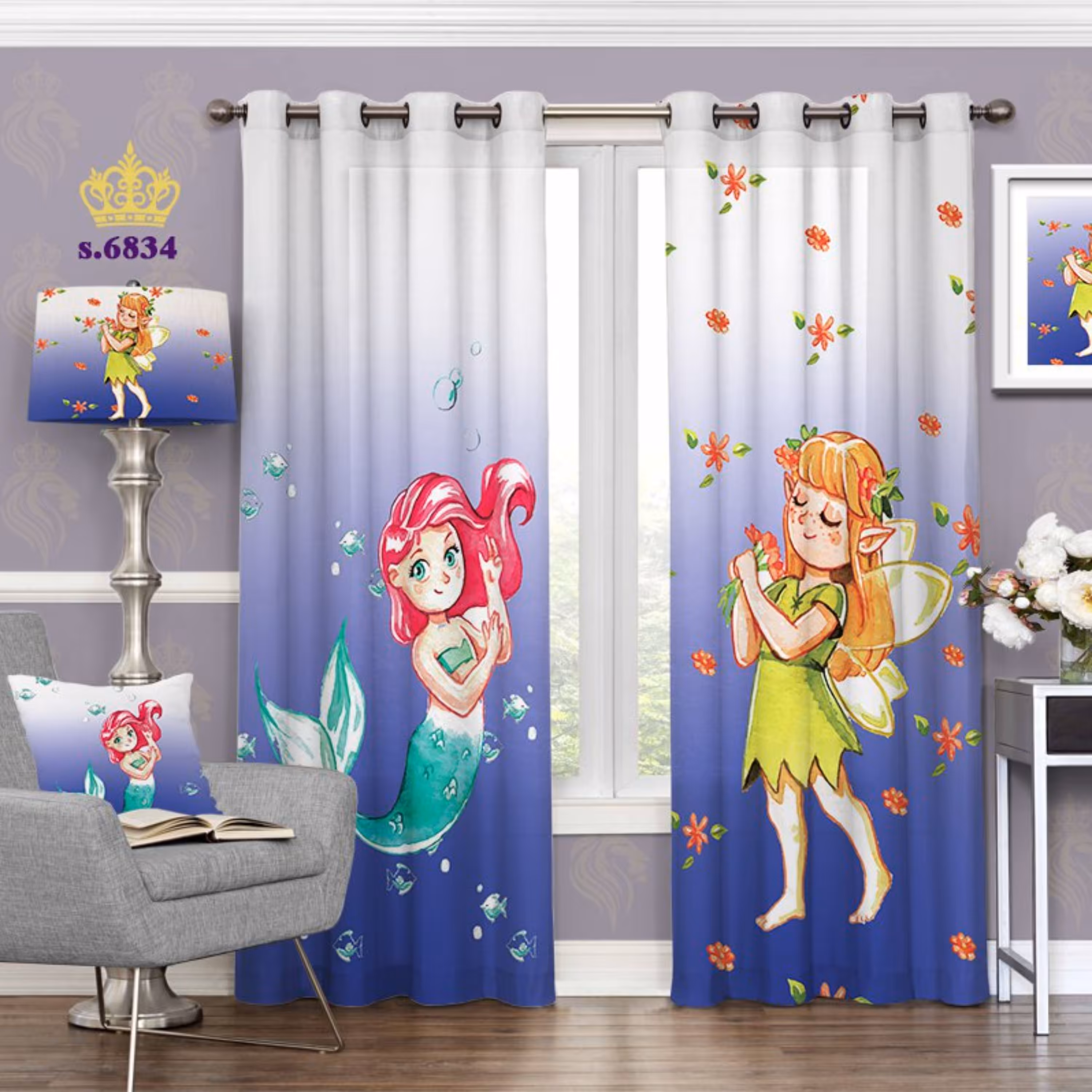 پرده اتاق کودک دخترونه-کد 6834 - طرح پری دریایی