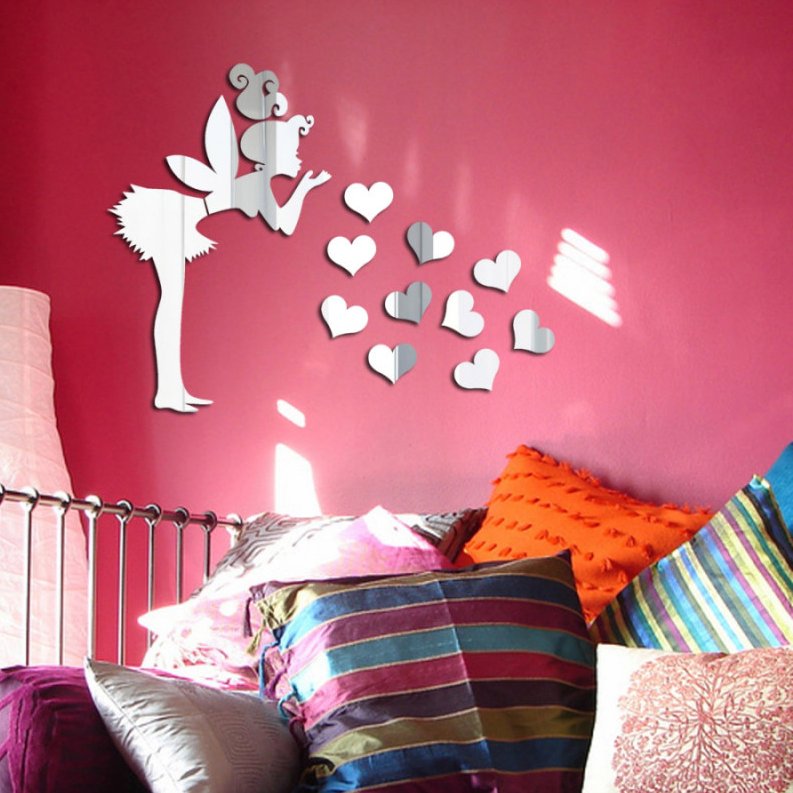 آینه دکوراتیو مولتی استایل، طرح پری و قلب، در دو رنگ طلایی و نقره ای،سایز  پری45 سانت