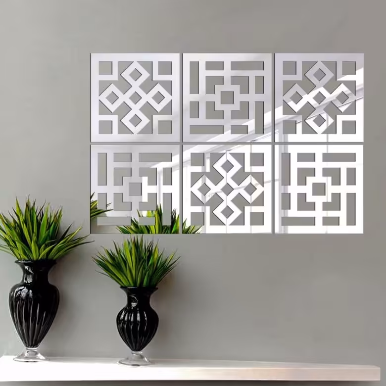 آینه دکوراتیو مولتی استایل مشبک طرح اسلیمی در دو رنگ طلایی و نقره ای، سایز 75در 50 سانت