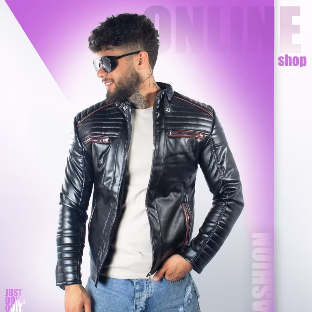 کاپشن چرم زیپ دار نوار قرمز مردانه 