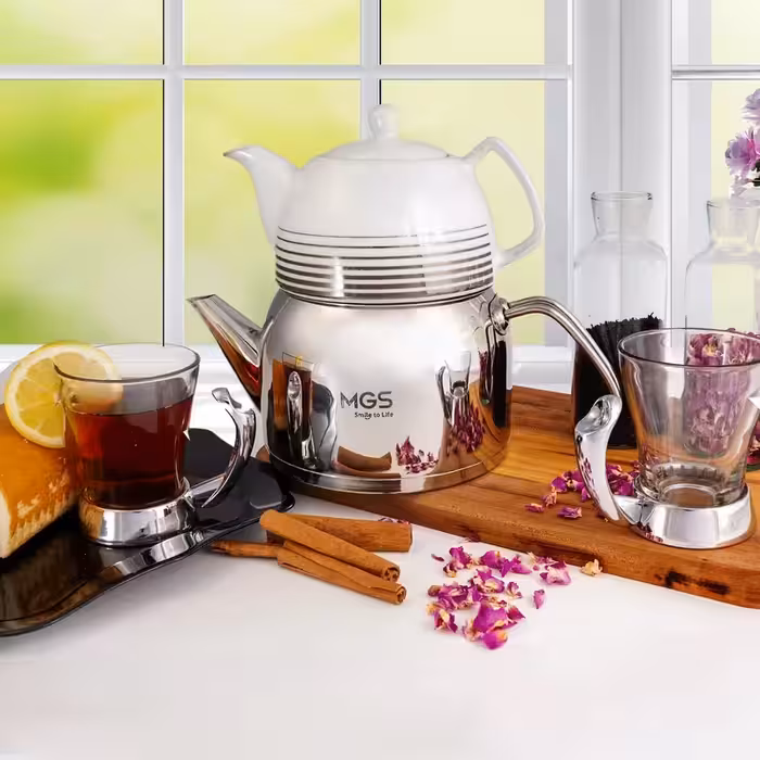 کتری استیل با قوری چینی ام جی اس کد 4109