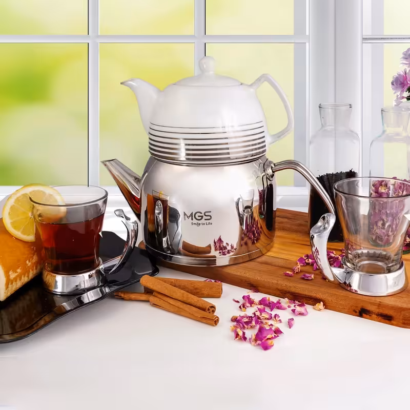 کتری استیل با قوری چینی ام جی اس کد 4109