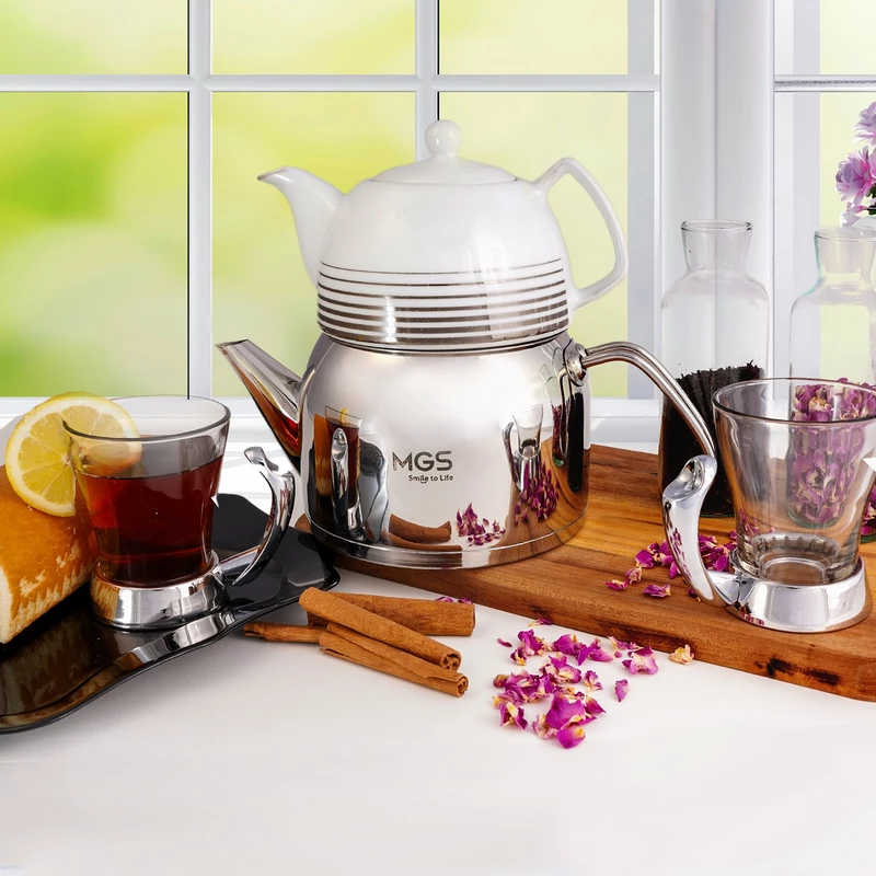 کتری استیل با قوری چینی ام جی اس کد 4109