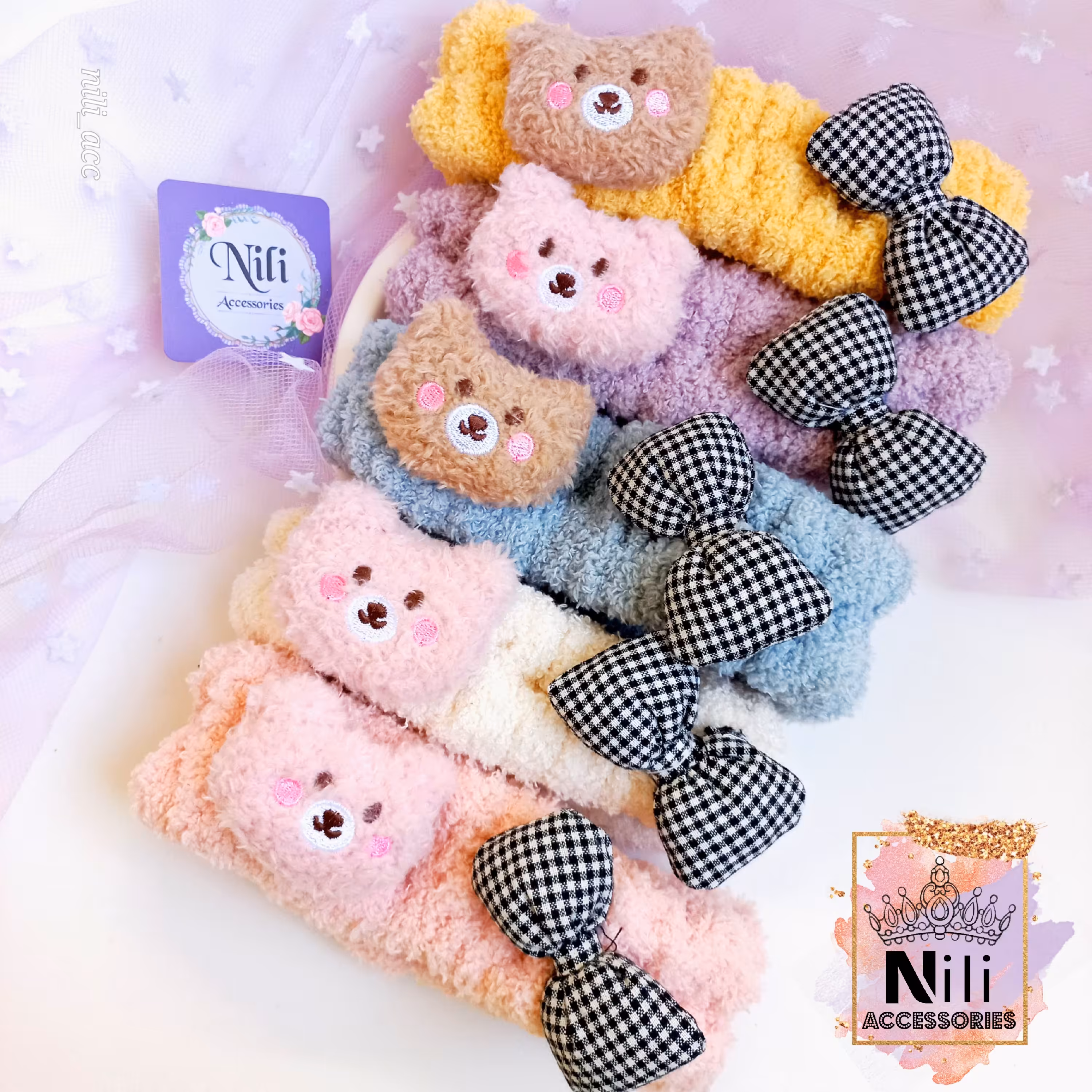 هدبند حوله ای دخترانه میکاپ طرح فانتزی خرس و پاپیون برجسته 