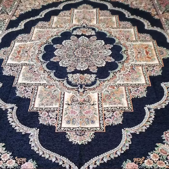 روفرشی 12 متری مخمل زرکدار سرمه ای طرح زیبای حوض نقره