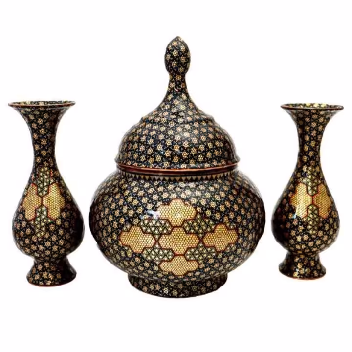 ست سه تکه گلدان صراحی 16  و شکلات خوری 20 مس و خاتم کاری(طرح تیره)(گارانتی 120 ماهه)