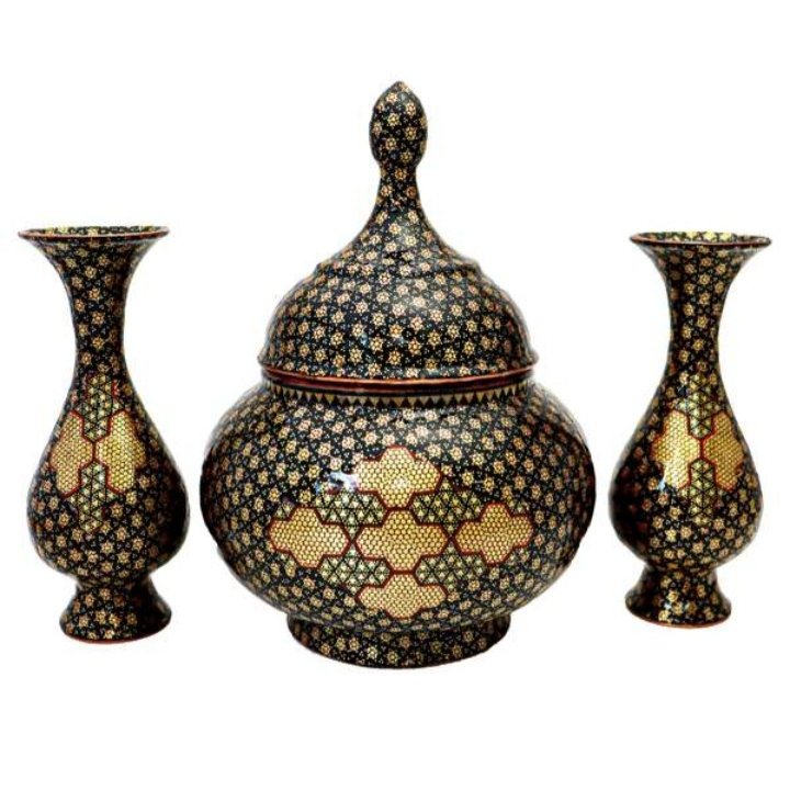 ست سه تکه گلدان صراحی 16  و شکلات خوری 20 مس و خاتم کاری(طرح تیره)(گارانتی 120 ماهه)