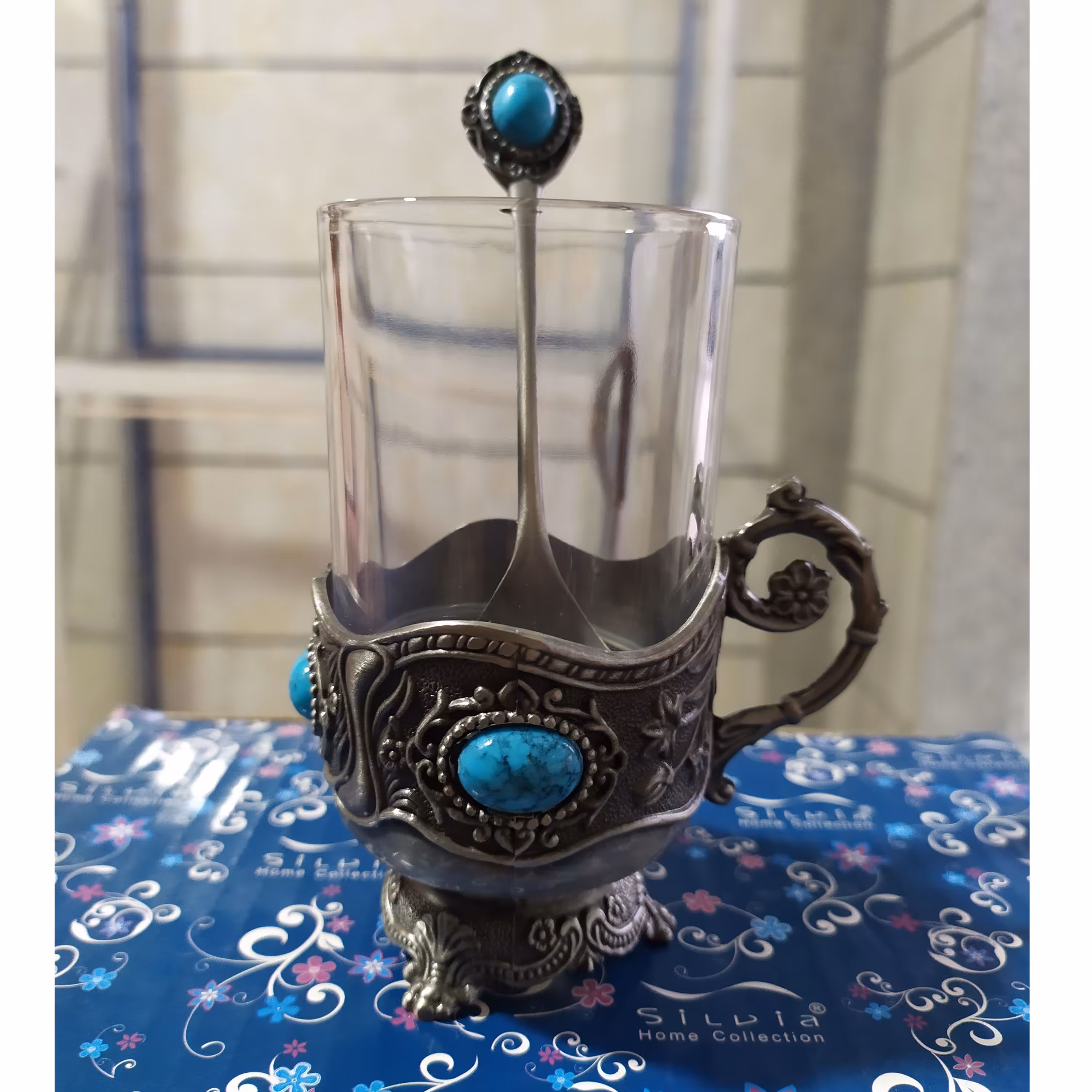 استکان پیوتر خارجی نگین دار با قاشق چایخوری