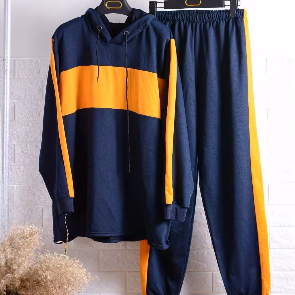 ست هودی و شلوار رنگ سرمه ای زرد جنس دورس اسپان اعلا کد 7335