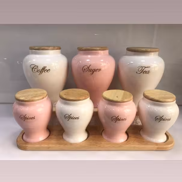 پا سماوری چوب چینی 9 پارچه مدل خمره ای سفید صورتی 