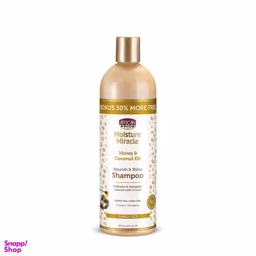 شامپو مو فر آفریکن پراید مدل عسل و روغن نارگیل حجم 473 میلی لیتر