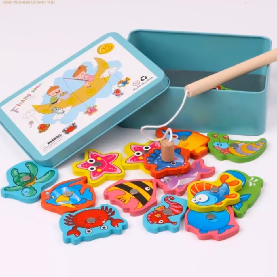 اسباب بازی ماهیگیری چوبی جعبه فلزی