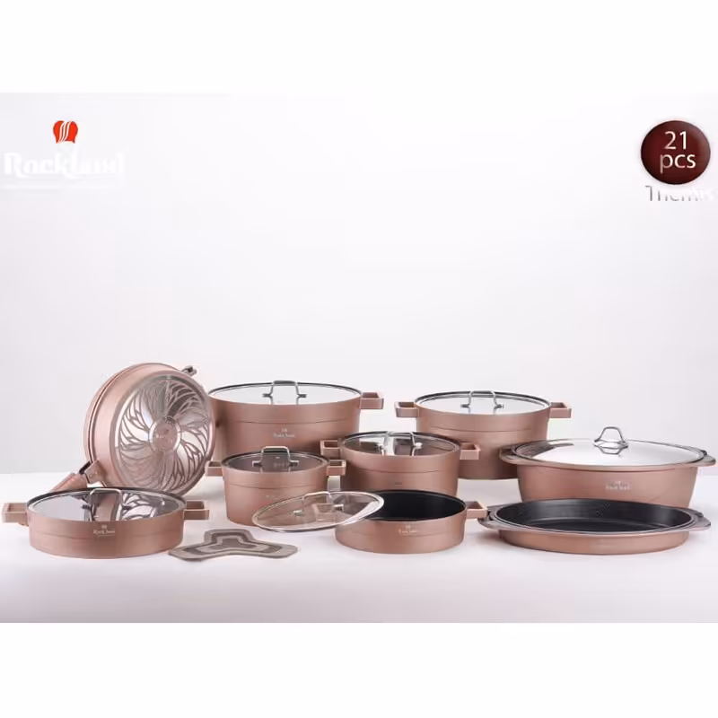 سرویس قابلمه راکلند تمیس سری جدید آلمانی درجه یک 21پارچه با تابه مرغ و ماهی(رزگلد) پس کرایه