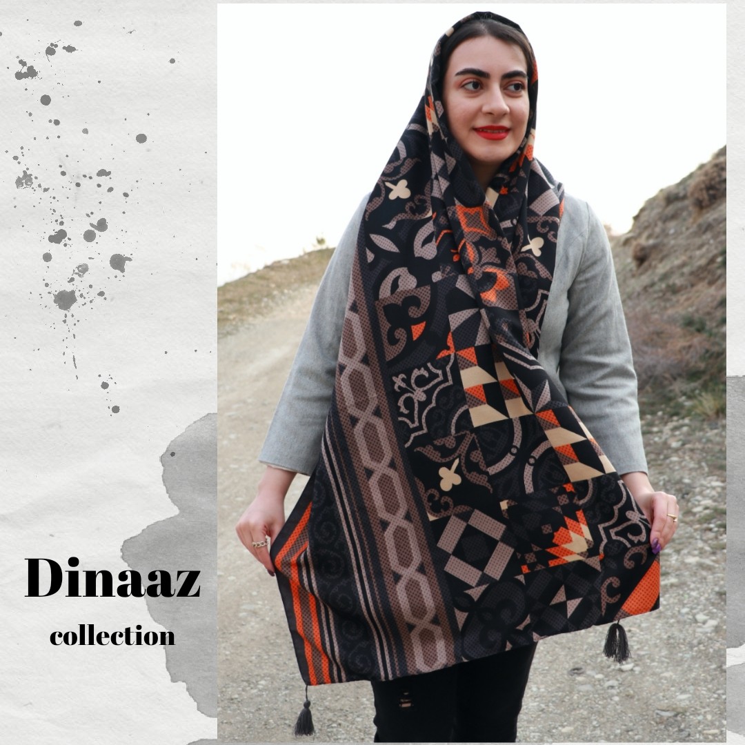شال نخی ژاکارد رنگ مشکی نارنجی منگوله دار طرح دار قواره دو متری